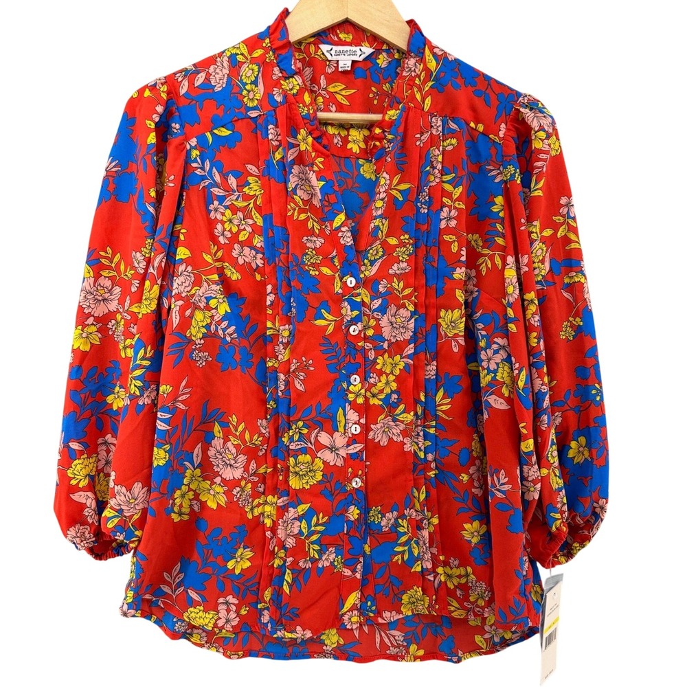Nanette Lepore Saffron Sun Red Floral Long Sleeve Blouse M NWT Ruffle Mandarin